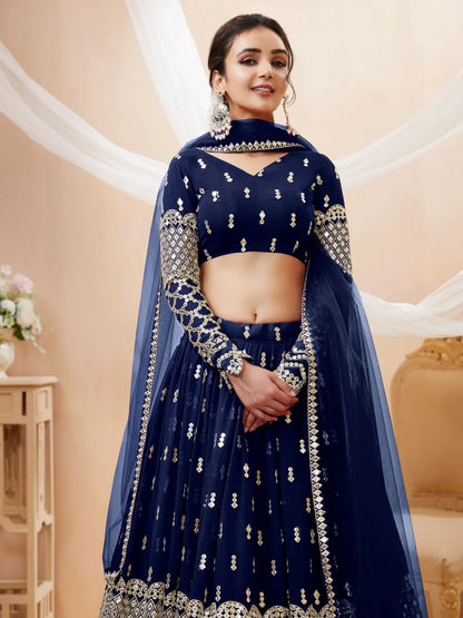 Gorgeous Navy Blue Sequins Georgette Wedding Wear Lehenga Choli - Zeel Clothing
