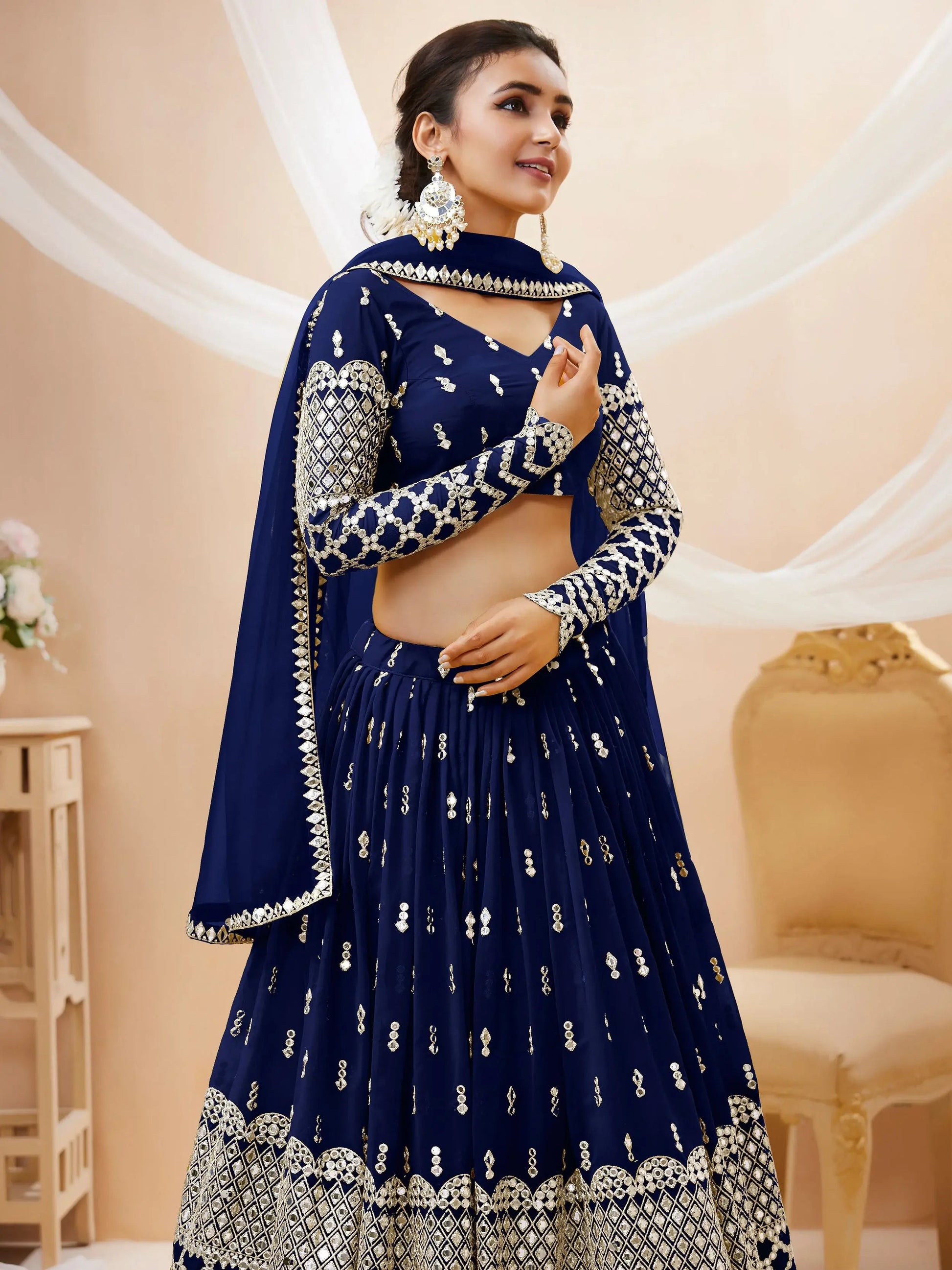 Gorgeous Navy Blue Sequins Georgette Wedding Wear Lehenga Choli - Zeel Clothing