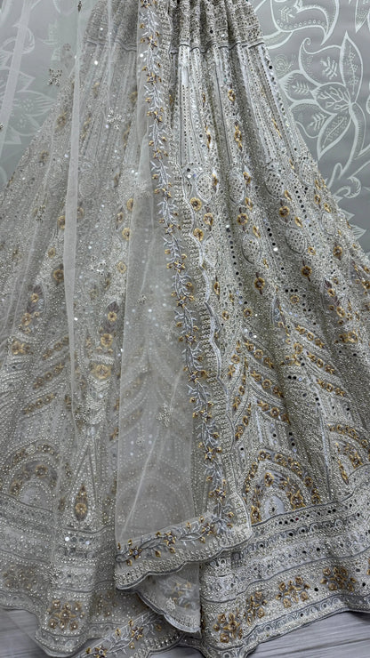 Gorgeous Off-White Mirror Work Net Bridesmaid Lehenga Choli - Zeel Clothing