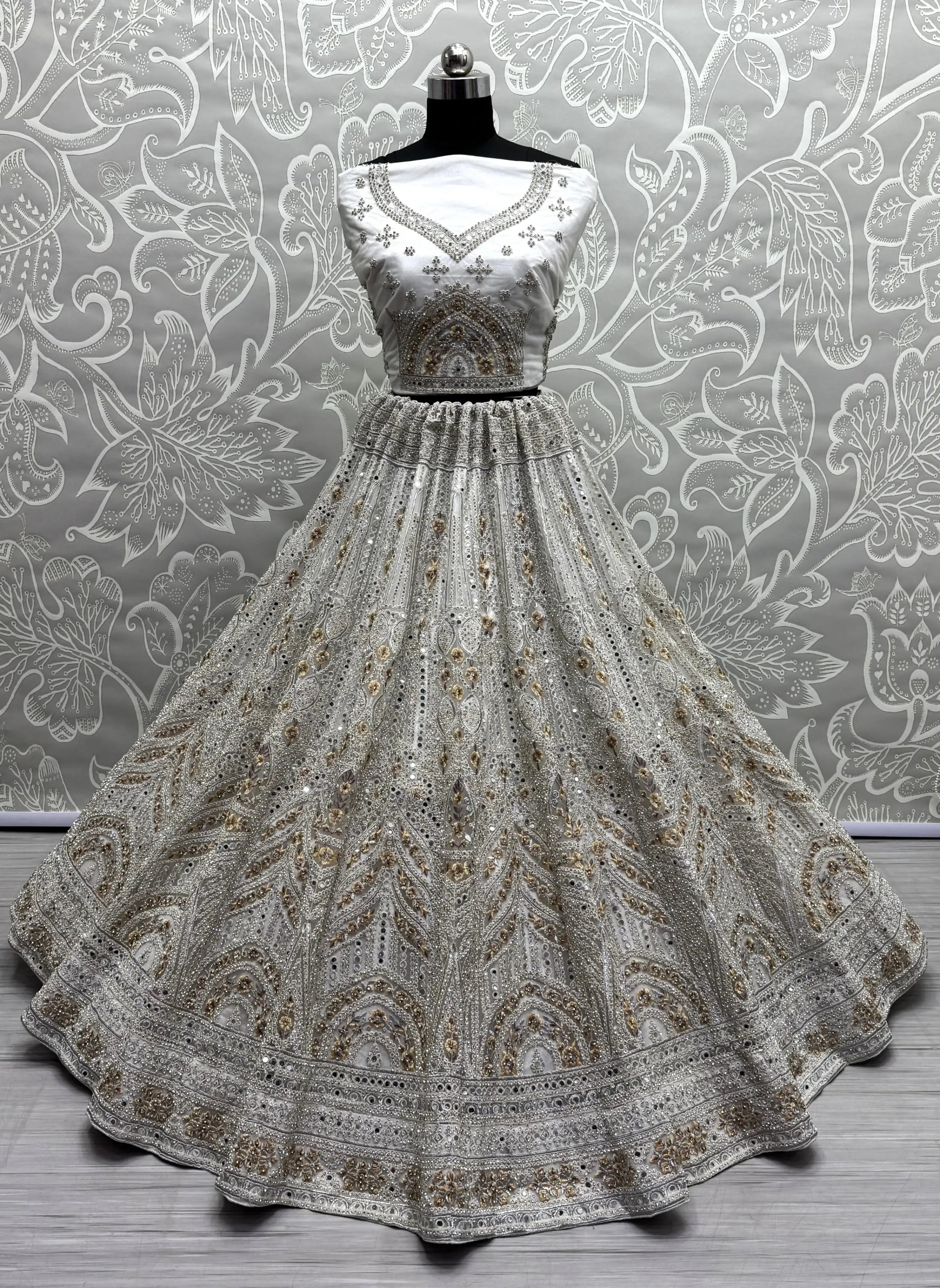 Gorgeous Off-White Mirror Work Net Bridesmaid Lehenga Choli - Zeel Clothing