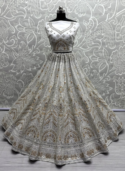 Gorgeous Off-White Mirror Work Net Bridesmaid Lehenga Choli - Zeel Clothing