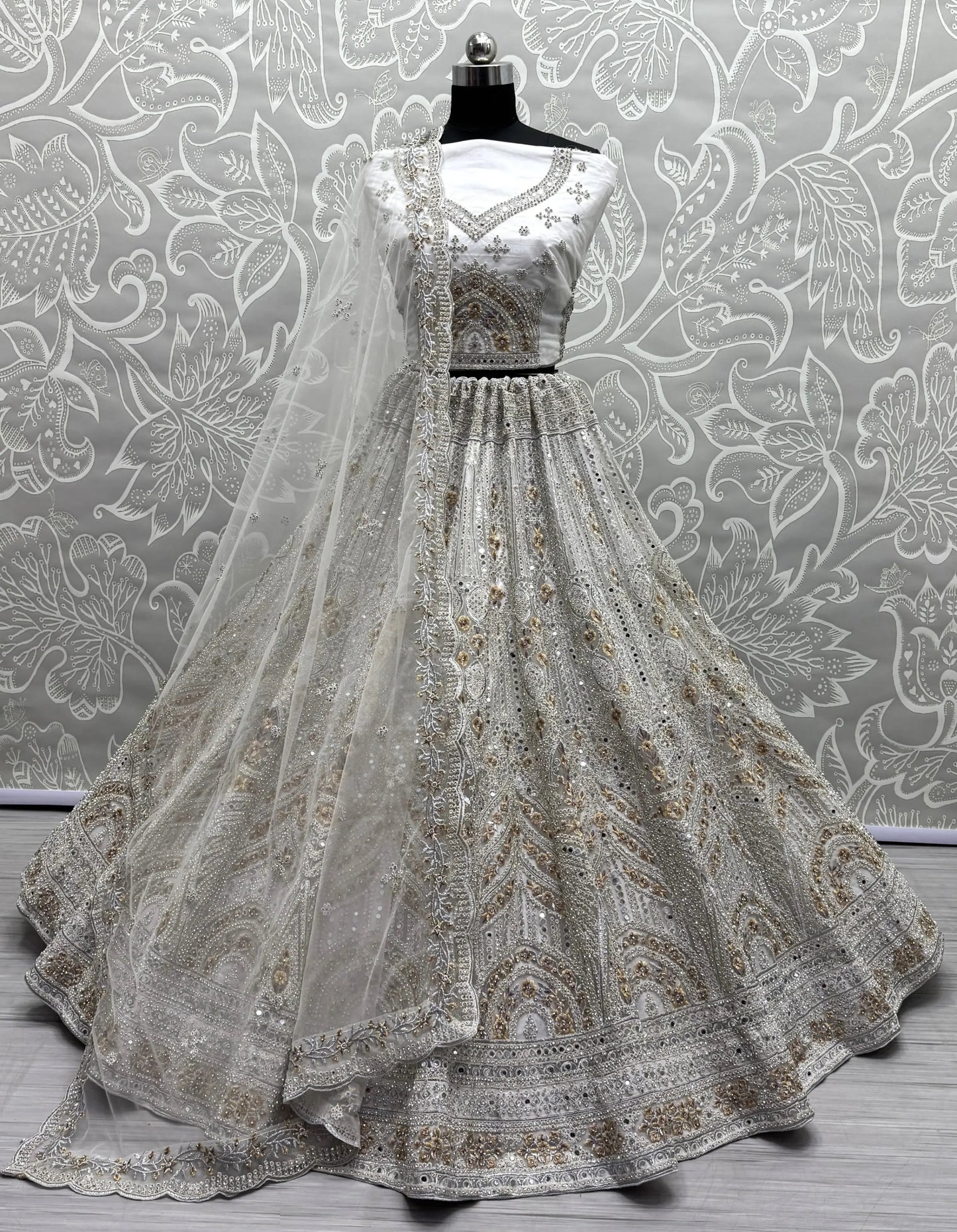 Gorgeous Off-White Mirror Work Net Bridesmaid Lehenga Choli - Zeel Clothing