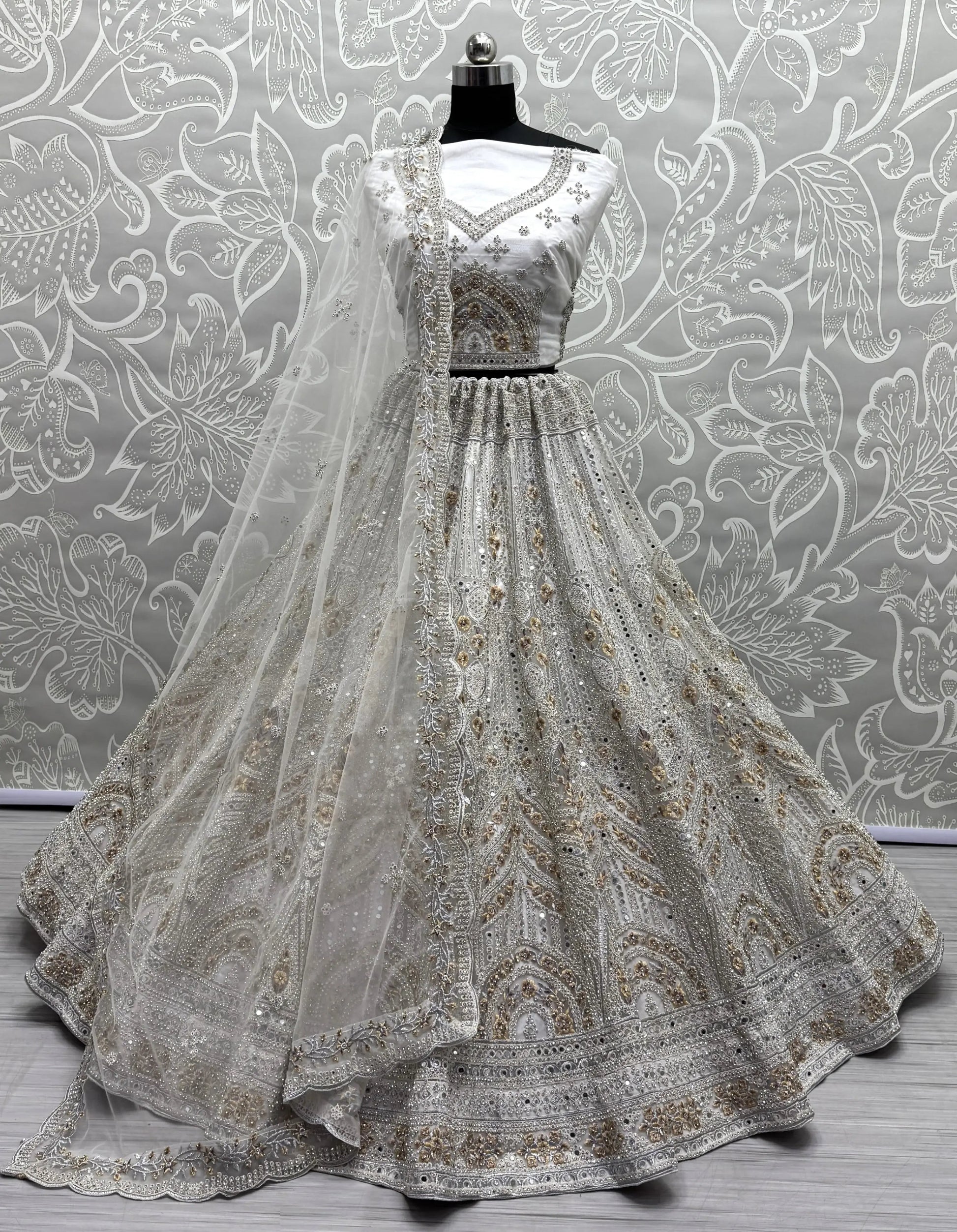 Gorgeous Off-White Mirror Work Net Bridesmaid Lehenga Choli - Zeel Clothing