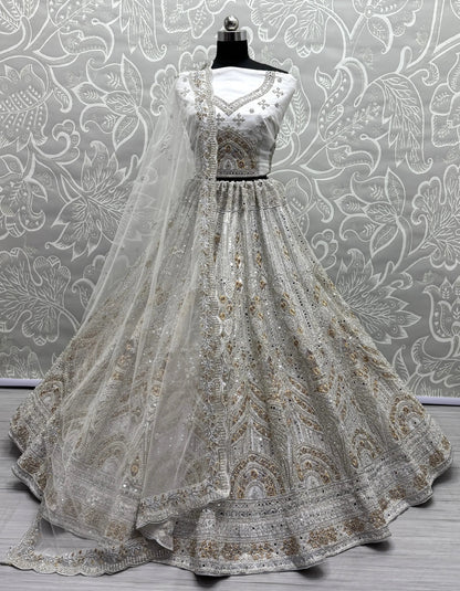Gorgeous Off-White Mirror Work Net Bridesmaid Lehenga Choli - Zeel Clothing