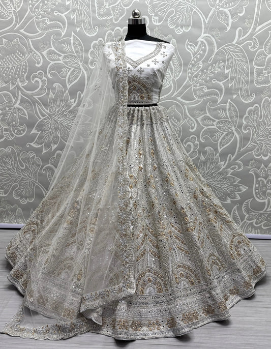 Gorgeous Off-White Mirror Work Net Bridesmaid Lehenga Choli - Zeel Clothing