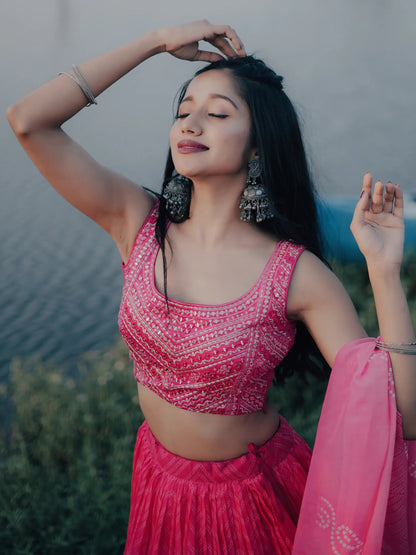 Gorgeous Pink Digital Printed Organza Sangeet Wear Lehenga Choli - Zeel Clothing