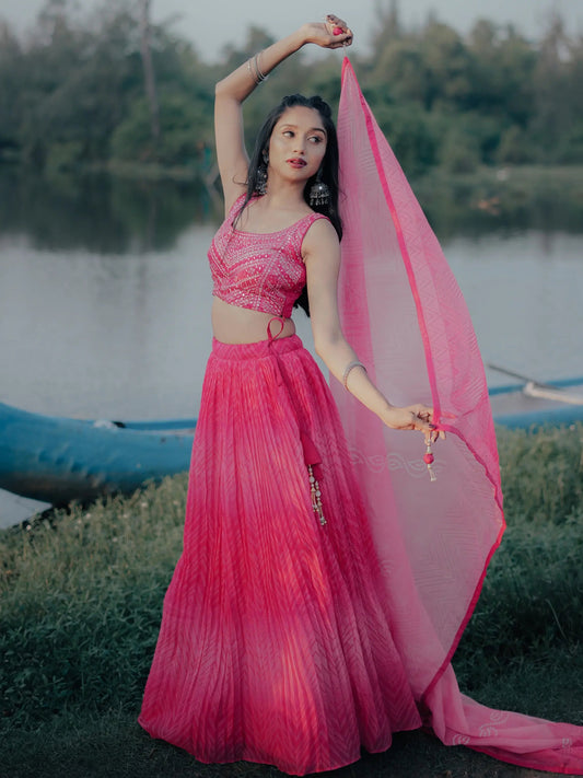 Gorgeous Pink Digital Printed Organza Sangeet Wear Lehenga Choli - Zeel Clothing