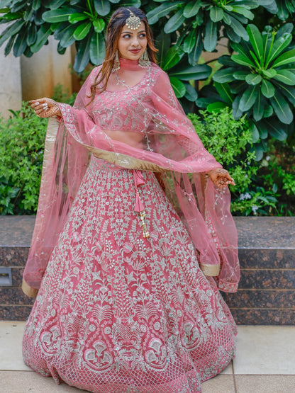 Gorgeous Pink Dori Work Net Engagement Wear Lehenga Choli - Zeel Clothing