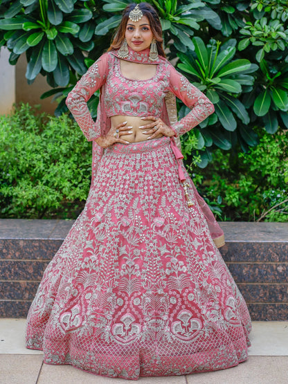 Gorgeous Pink Dori Work Net Engagement Wear Lehenga Choli - Zeel Clothing