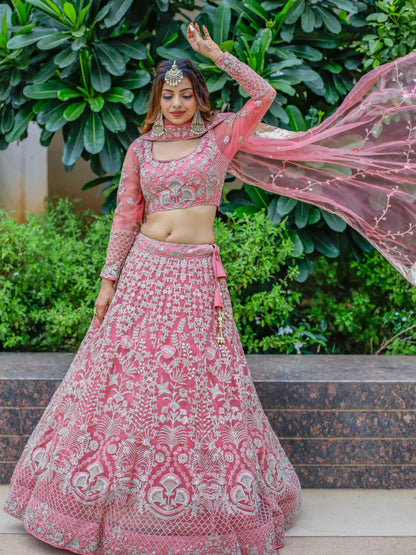 Gorgeous Pink Dori Work Net Engagement Wear Lehenga Choli - Zeel Clothing
