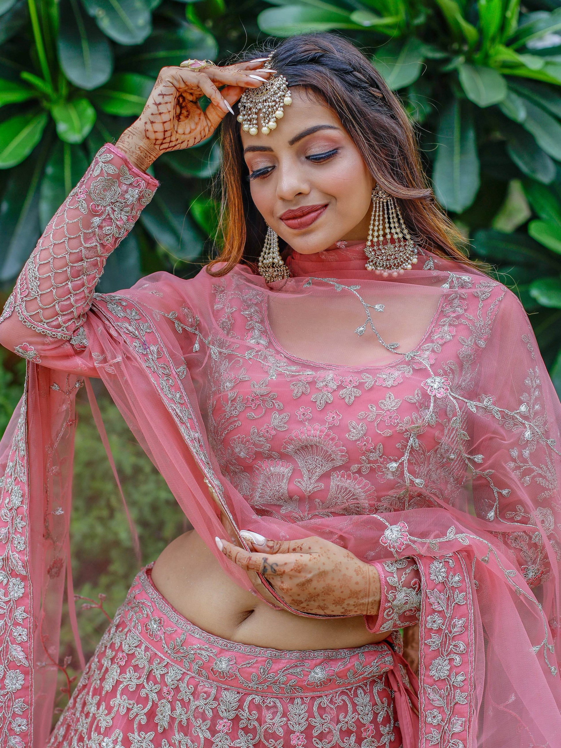 Gorgeous Pink Dori Work Net Engagement Wear Lehenga Choli - Zeel Clothing