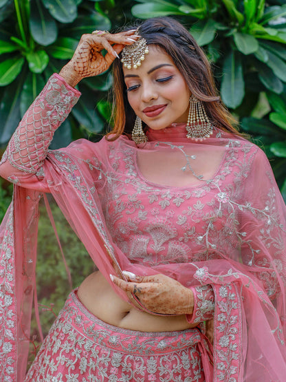 Gorgeous Pink Dori Work Net Engagement Wear Lehenga Choli - Zeel Clothing