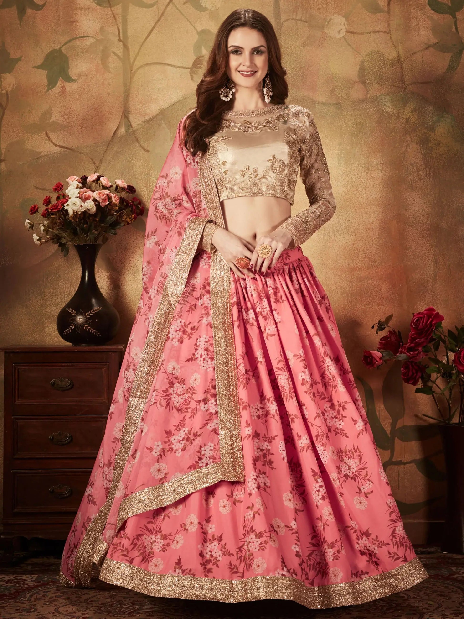 Gorgeous Pink Floral Printed Organza Bridesmaid Lehenga Choli - Zeel Clothing