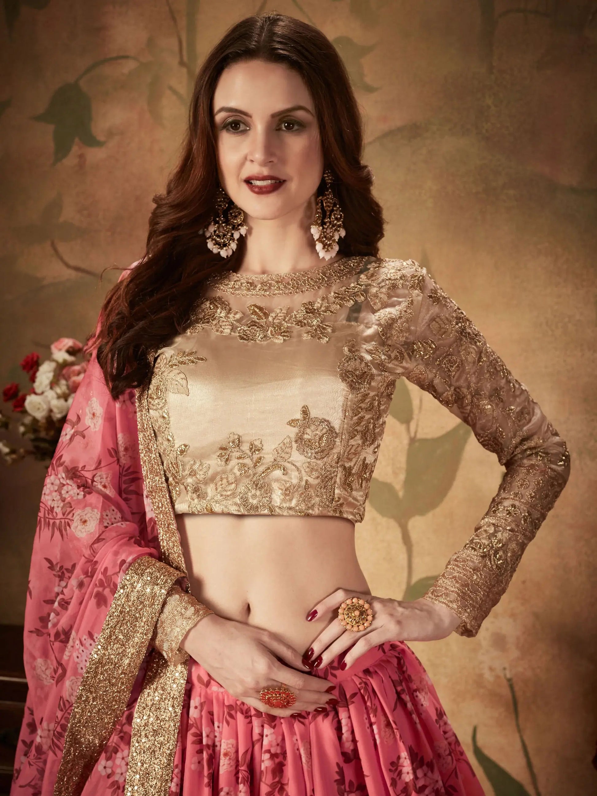 Gorgeous Pink Floral Printed Organza Bridesmaid Lehenga Choli - Zeel Clothing