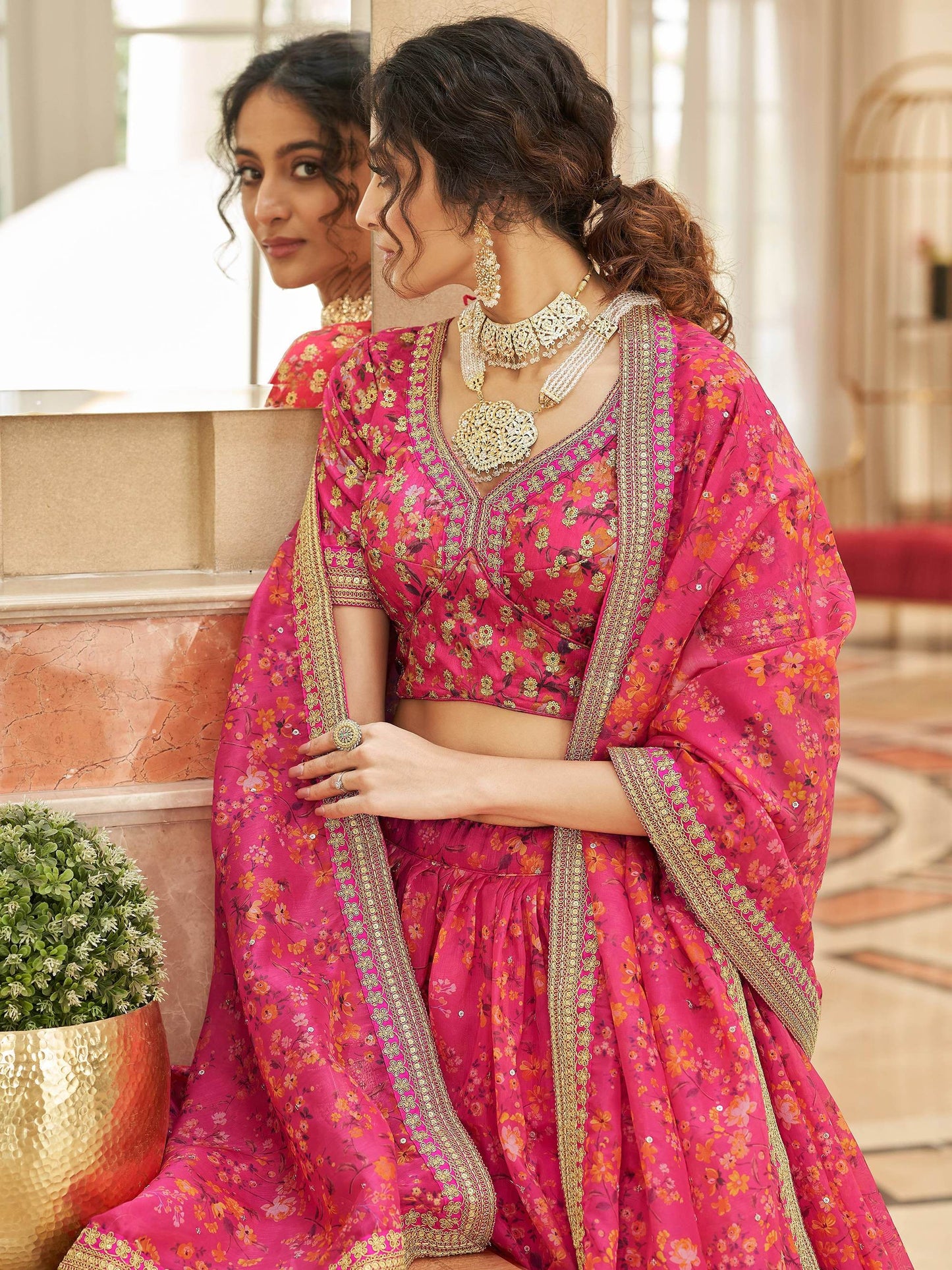 Gorgeous Pink Floral Printed Organza Traditional Lehenga Choli - Zeel Clothing