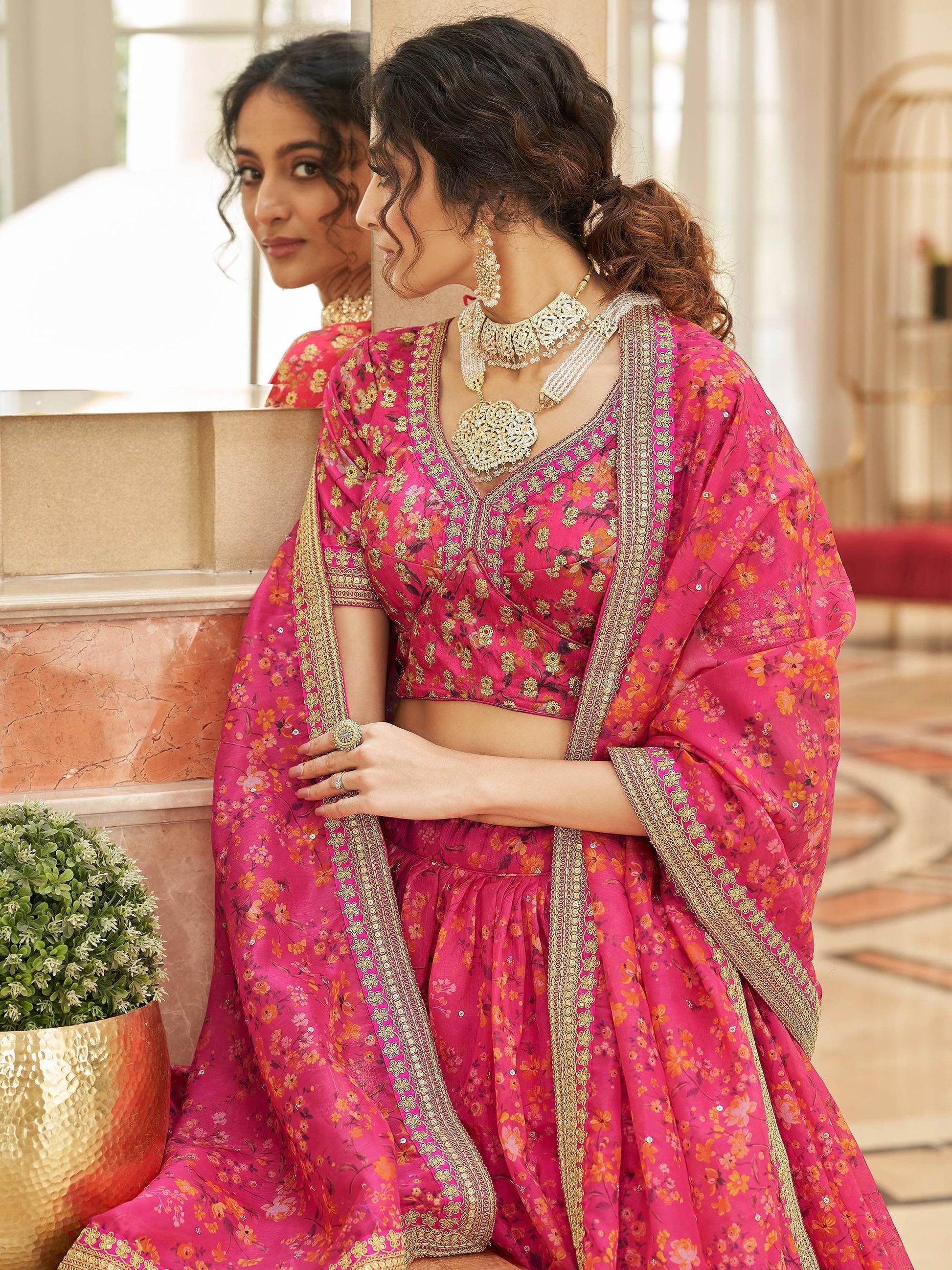 Gorgeous Pink Floral Printed Organza Traditional Lehenga Choli - Zeel Clothing
