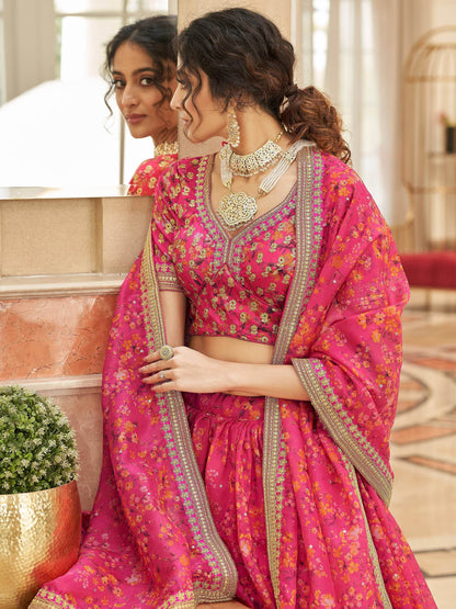 Gorgeous Pink Floral Printed Organza Traditional Lehenga Choli - Zeel Clothing
