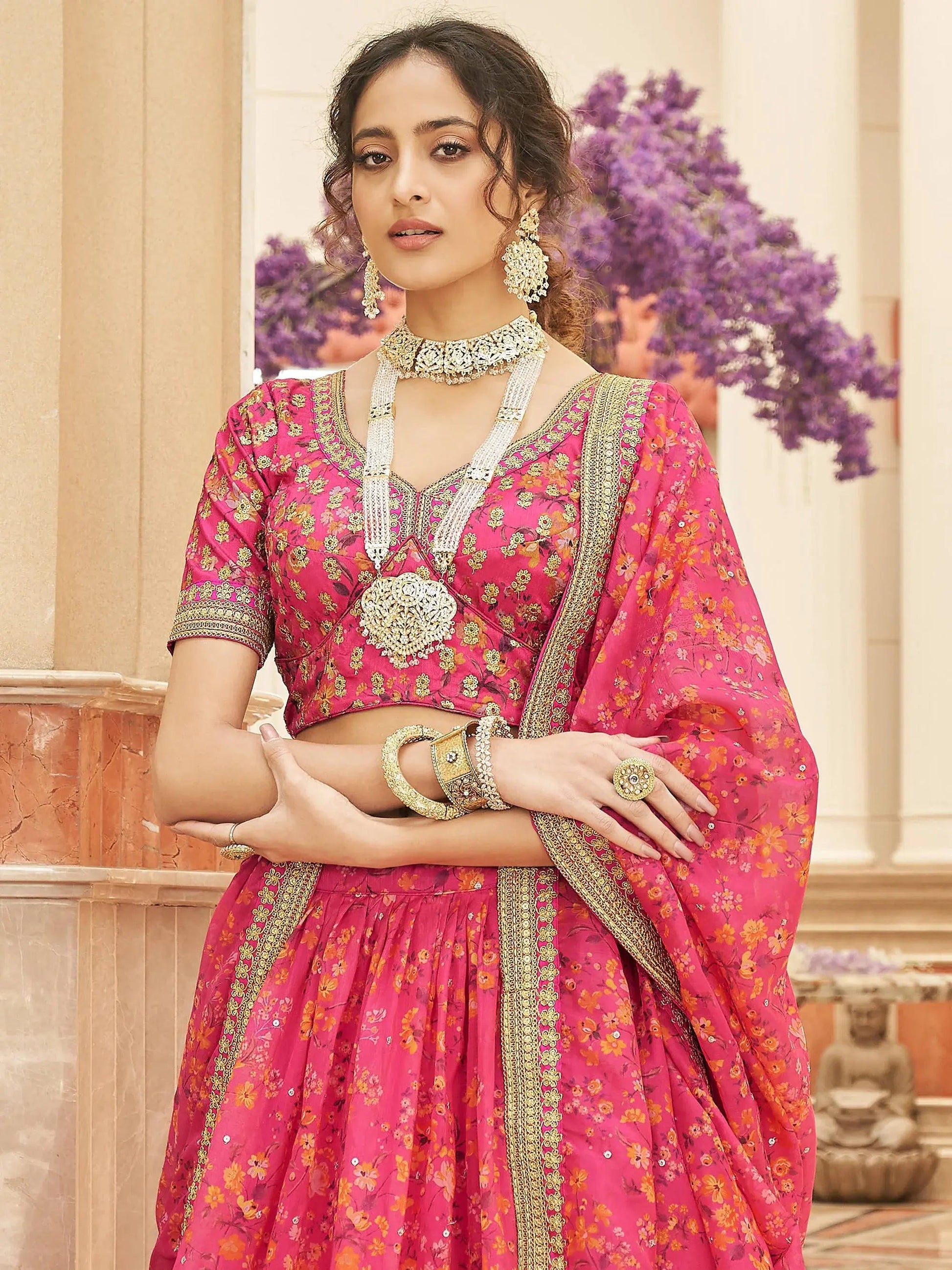 Gorgeous Pink Floral Printed Organza Traditional Lehenga Choli - Zeel Clothing