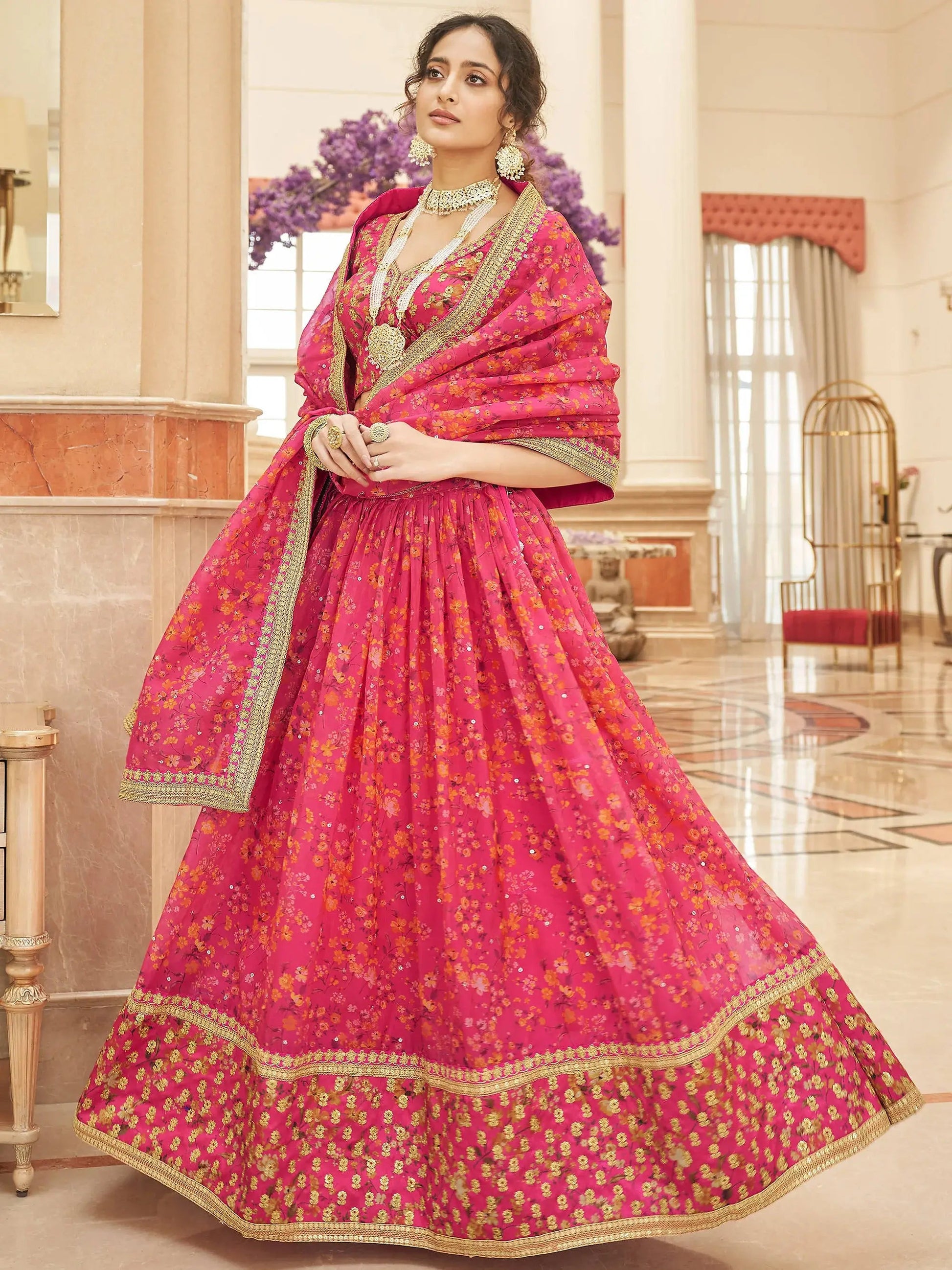 Gorgeous Pink Floral Printed Organza Traditional Lehenga Choli - Zeel Clothing