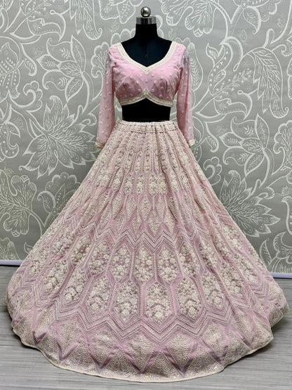 Gorgeous Pink Thread Work Georgette Bridesmaid Lehenga Choli - Zeel Clothing