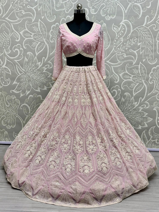 Gorgeous Pink Thread Work Georgette Bridesmaid Lehenga Choli - Zeel Clothing