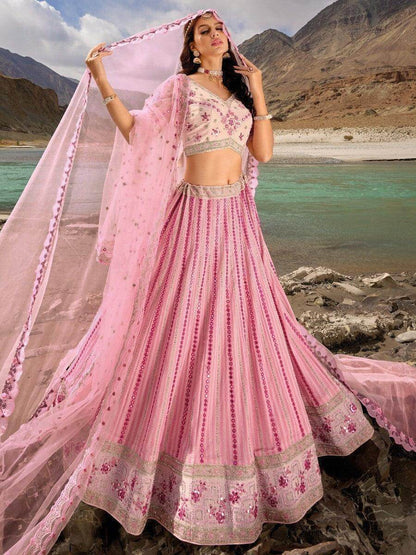 Gorgeous Pink Thread Work Georgette Lehenga Choli With Dupatta - Zeel Clothing