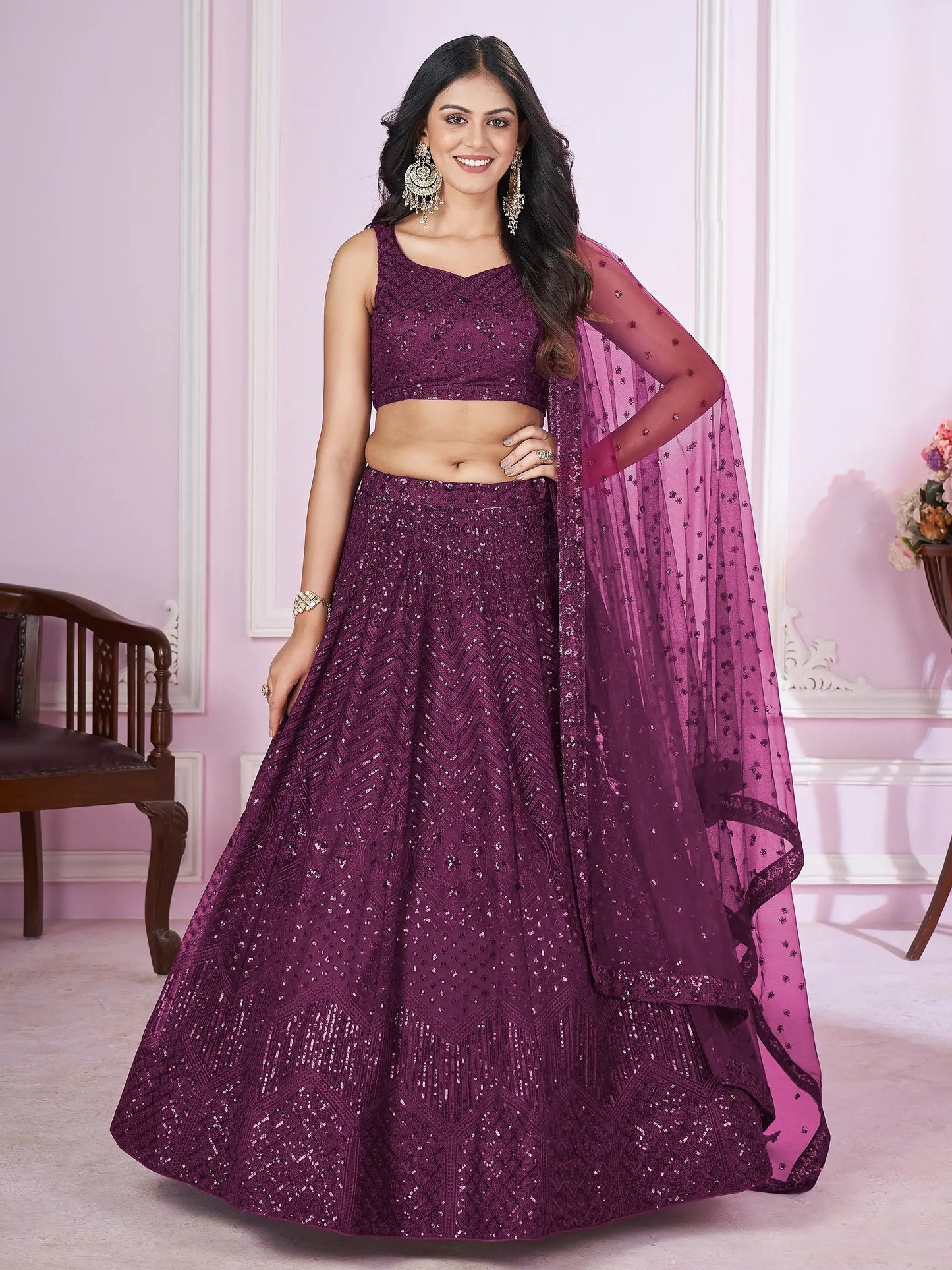Gorgeous Purple Sequins Net Designer Lehenga Choli With Dupatta - Zeel Clothing
