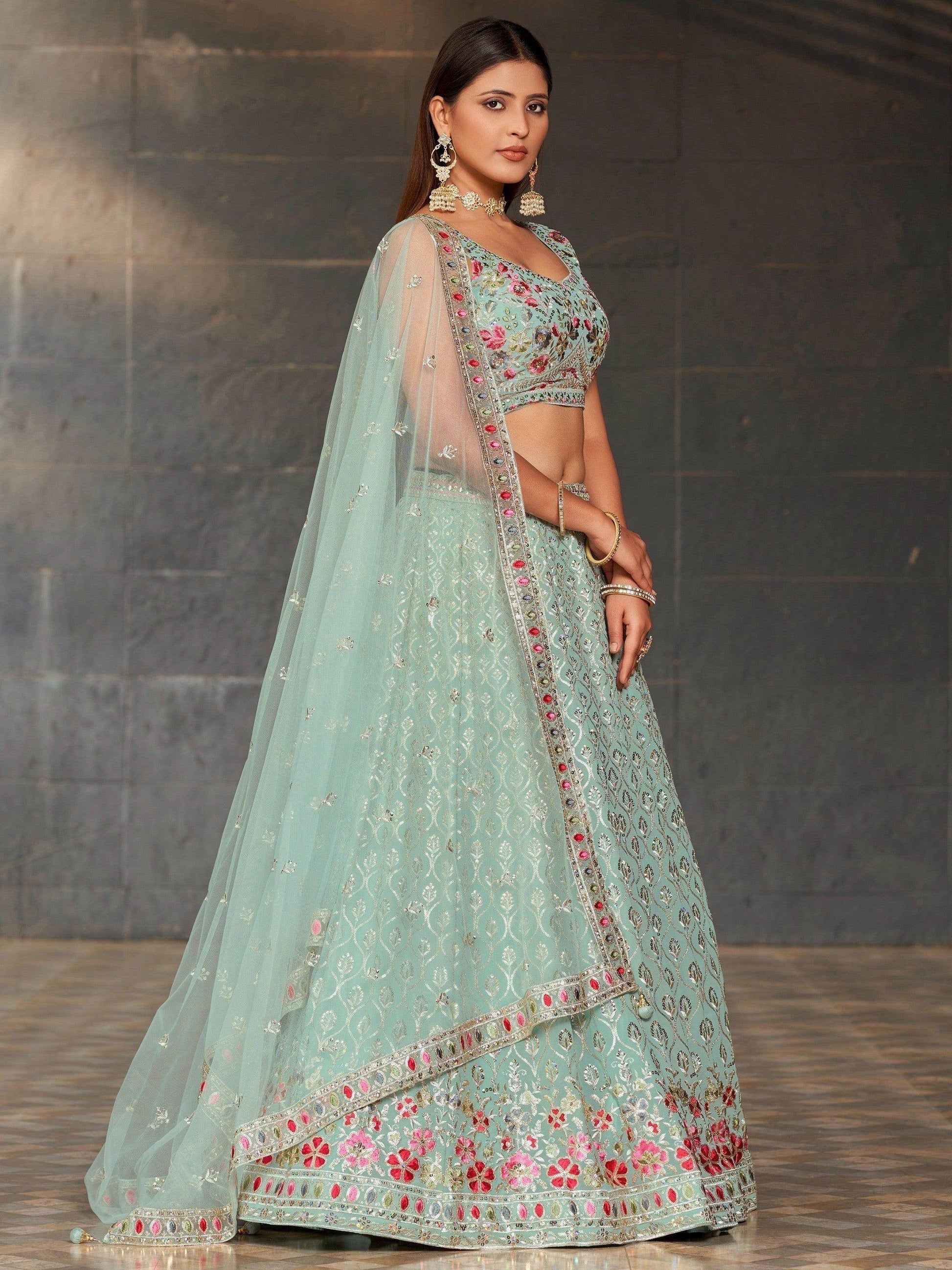 Gorgeous Sky-Blue Sequins Georgette Reception Wear Lehenga Choli - Zeel Clothing