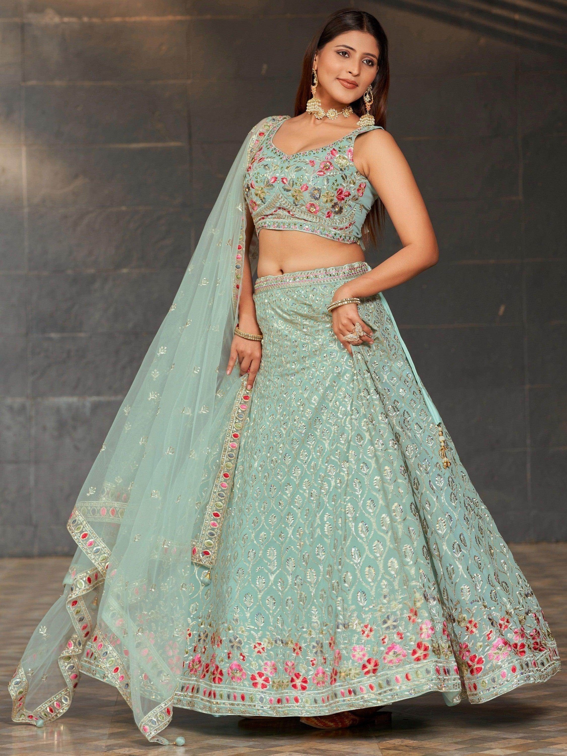 Gorgeous Sky-Blue Sequins Georgette Reception Wear Lehenga Choli - Zeel Clothing