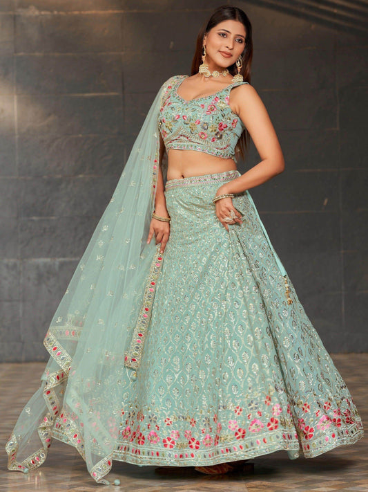 Gorgeous Sky-Blue Sequins Georgette Reception Wear Lehenga Choli - Zeel Clothing