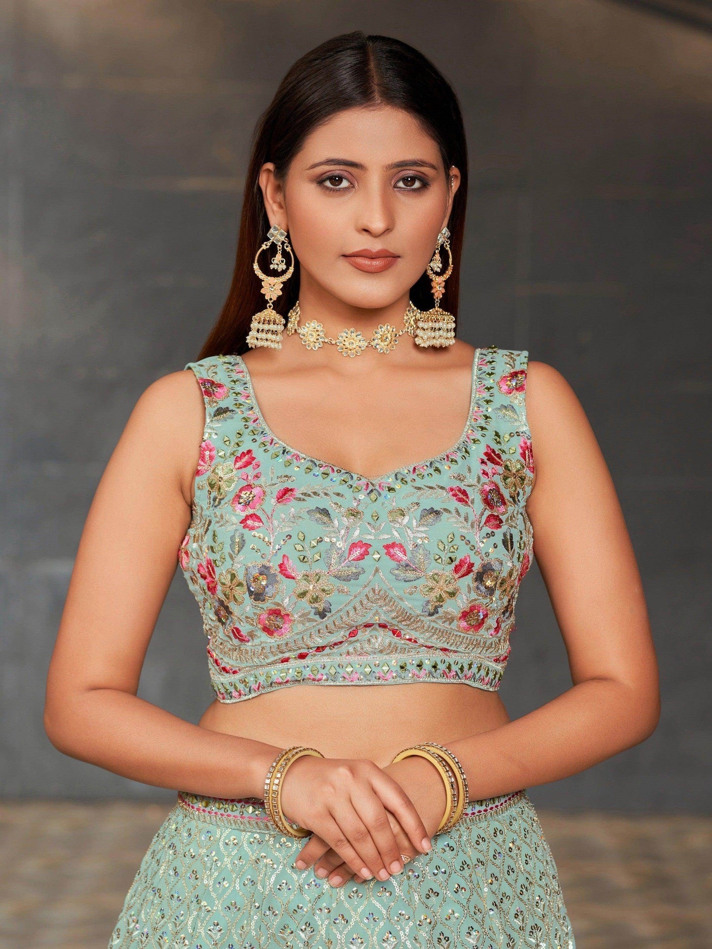 Gorgeous Sky-Blue Sequins Georgette Reception Wear Lehenga Choli - Zeel Clothing