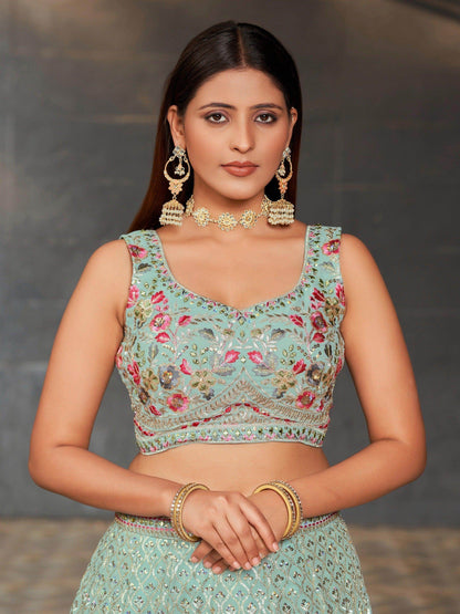 Gorgeous Sky-Blue Sequins Georgette Reception Wear Lehenga Choli - Zeel Clothing