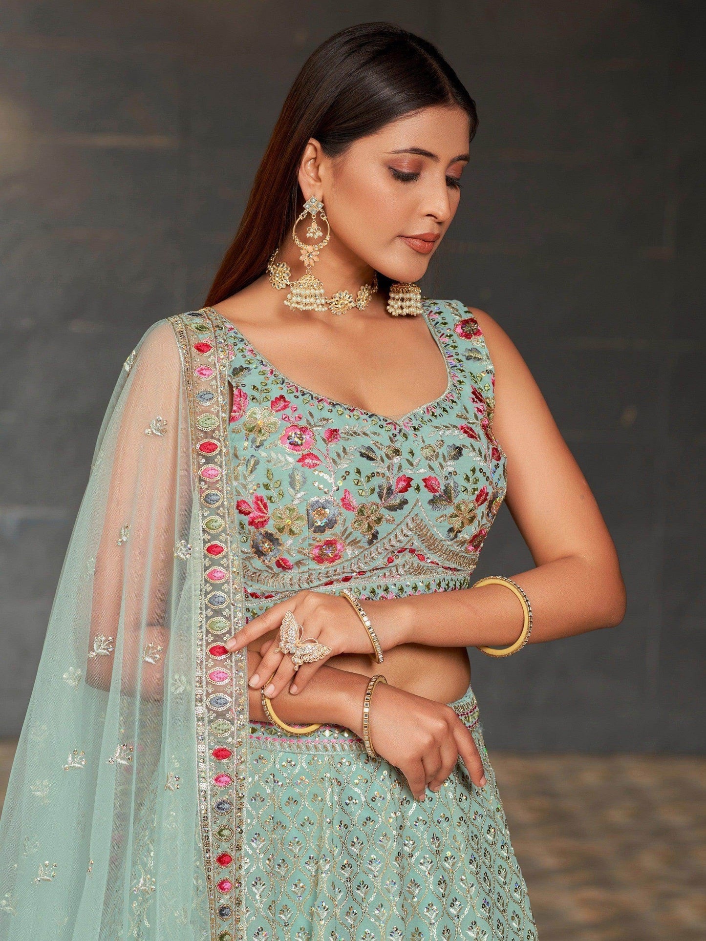 Gorgeous Sky-Blue Sequins Georgette Reception Wear Lehenga Choli - Zeel Clothing