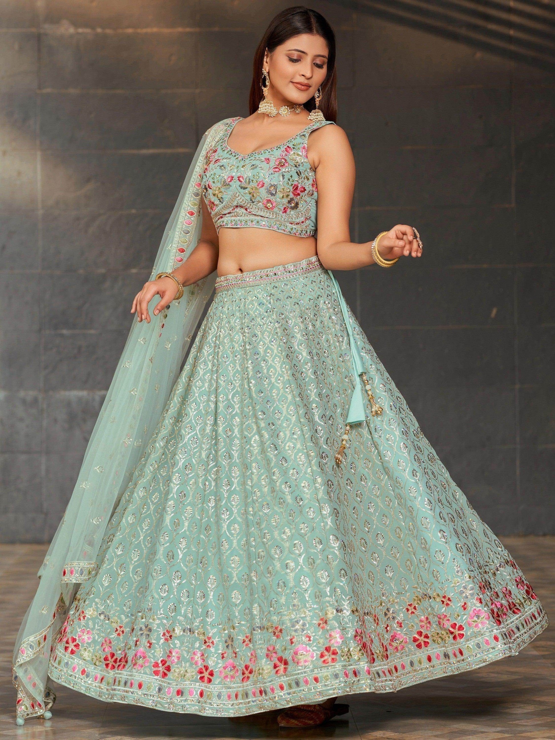 Gorgeous Sky-Blue Sequins Georgette Reception Wear Lehenga Choli - Zeel Clothing