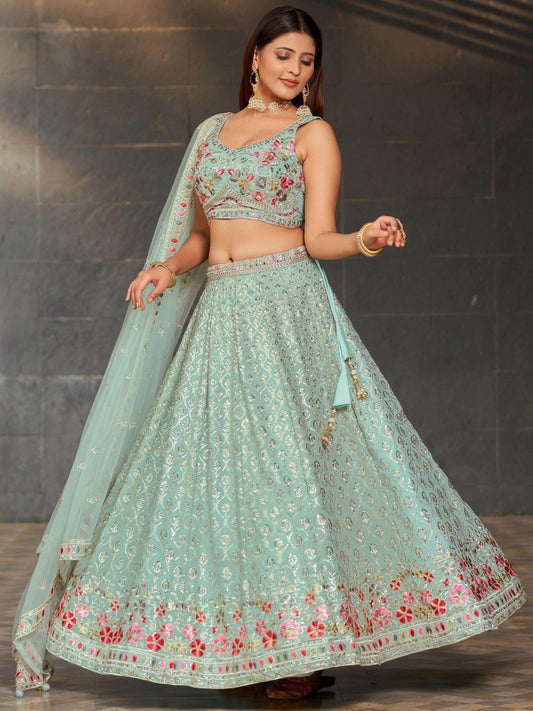 Gorgeous Sky-Blue Sequins Georgette Reception Wear Lehenga Choli - Zeel Clothing