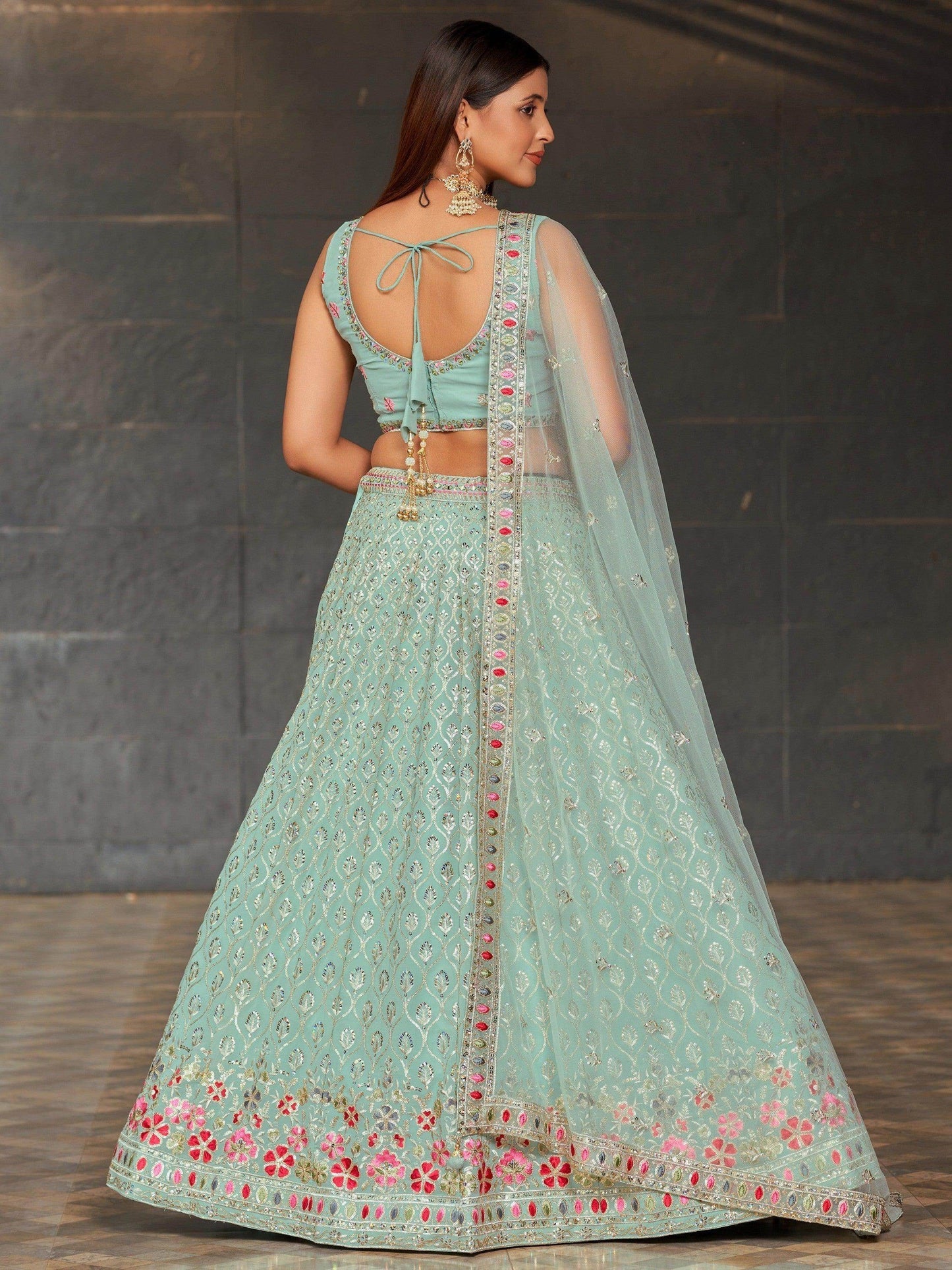 Gorgeous Sky-Blue Sequins Georgette Reception Wear Lehenga Choli - Zeel Clothing