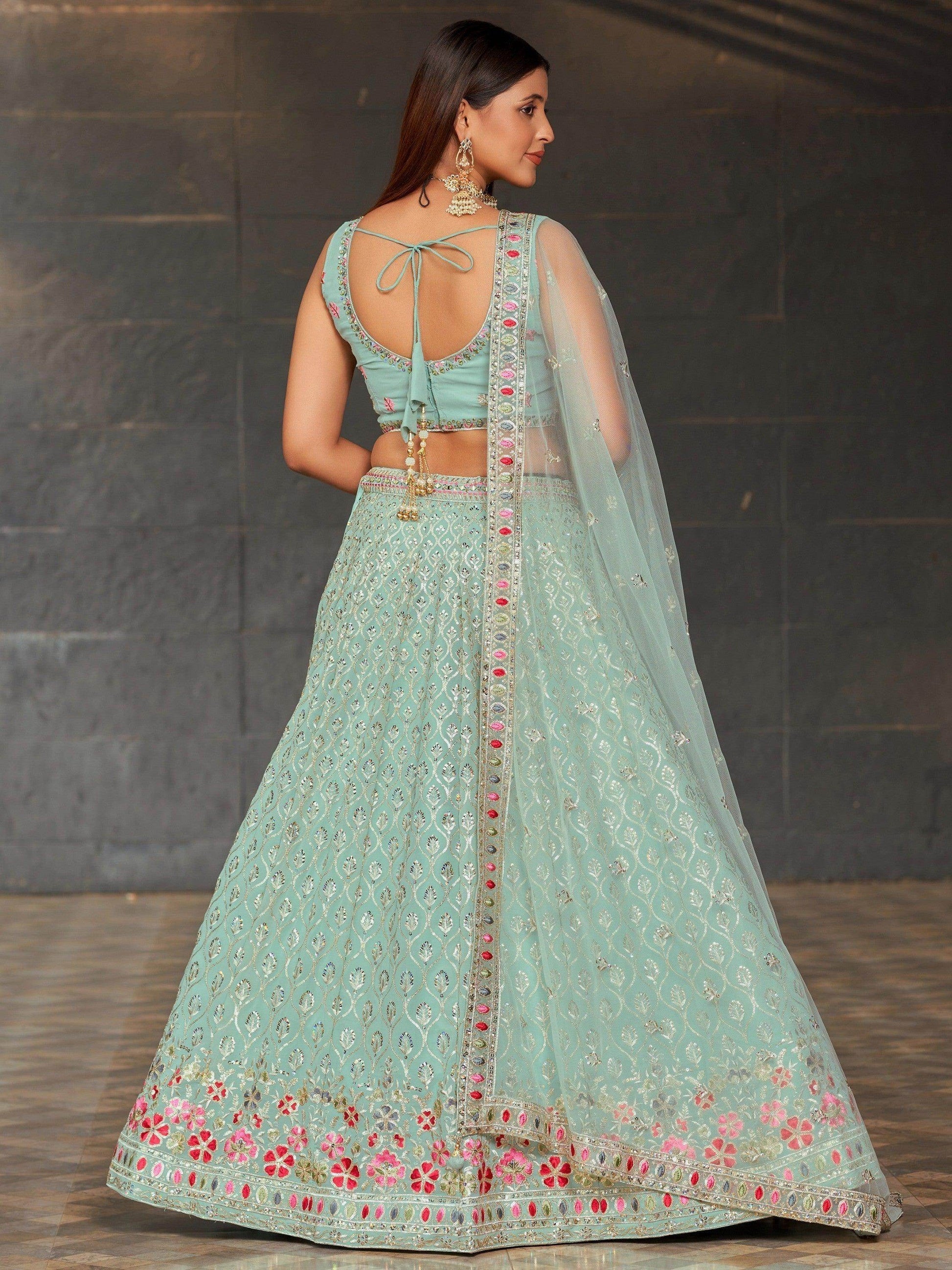 Gorgeous Sky-Blue Sequins Georgette Reception Wear Lehenga Choli - Zeel Clothing