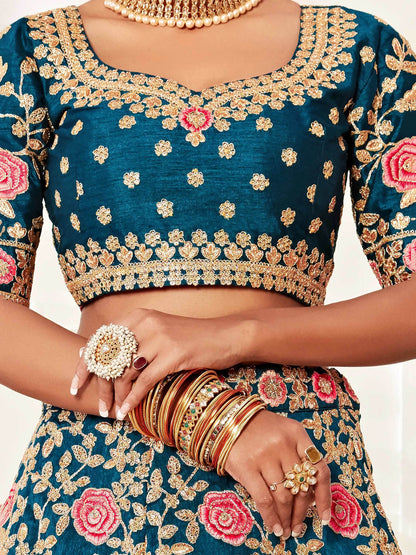 Gorgeous Teal Blue Embroidered Silk Bridal Wear Lehenga Choli - Zeel Clothing
