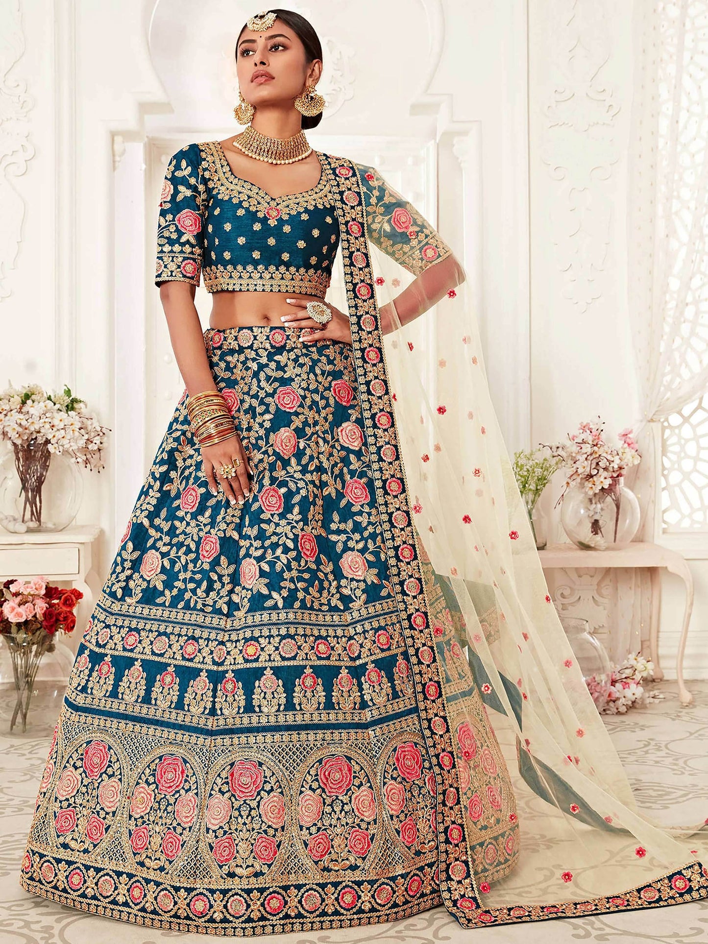 Gorgeous Teal Blue Embroidered Silk Bridal Wear Lehenga Choli - Zeel Clothing