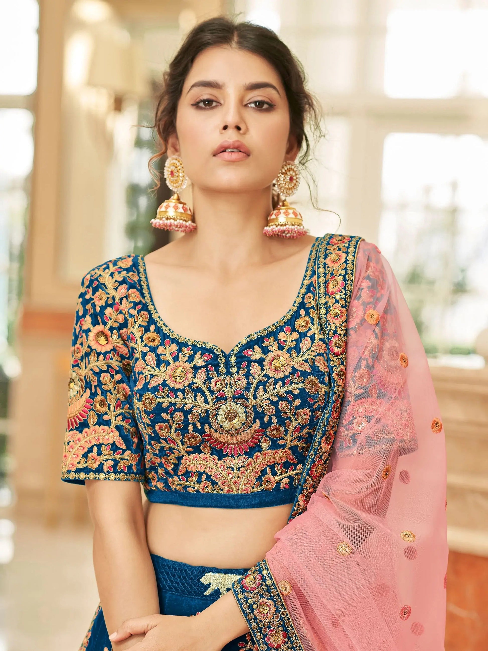 Gorgeous Teal Blue Embroidered Velvet Bridal Wear Lehenga Choli - Zeel Clothing