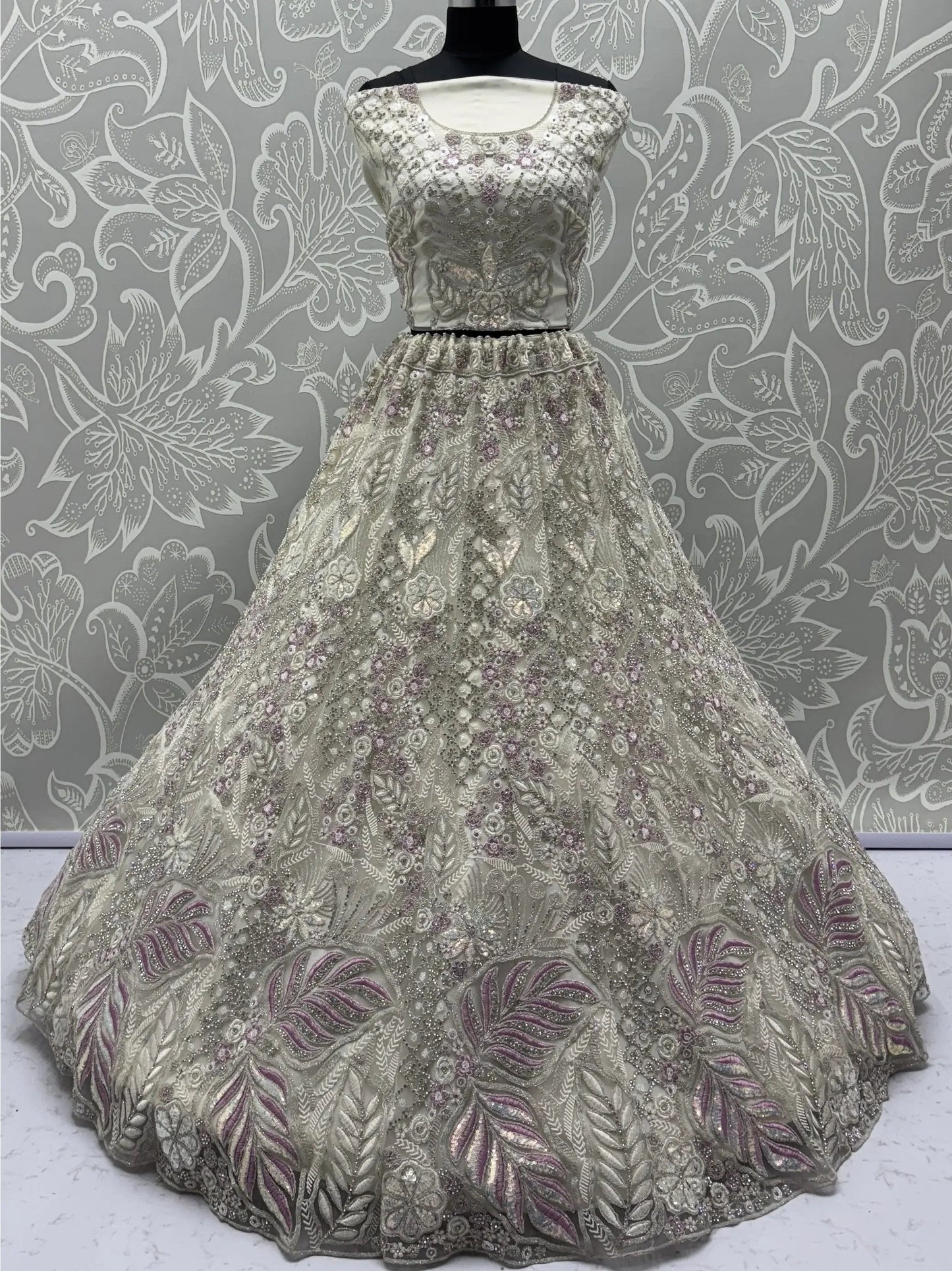 Gorgeous White Zircon Work Net Sangeet Wear Lehenga Choli With Dupatta - Zeel Clothing