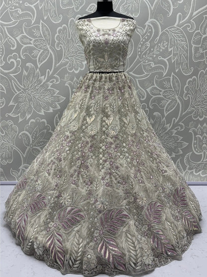 Gorgeous White Zircon Work Net Sangeet Wear Lehenga Choli With Dupatta - Zeel Clothing