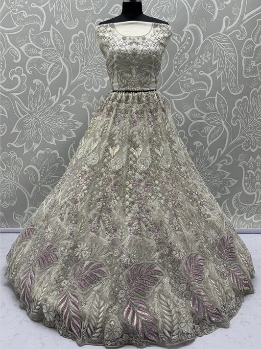 Gorgeous White Zircon Work Net Sangeet Wear Lehenga Choli With Dupatta - Zeel Clothing