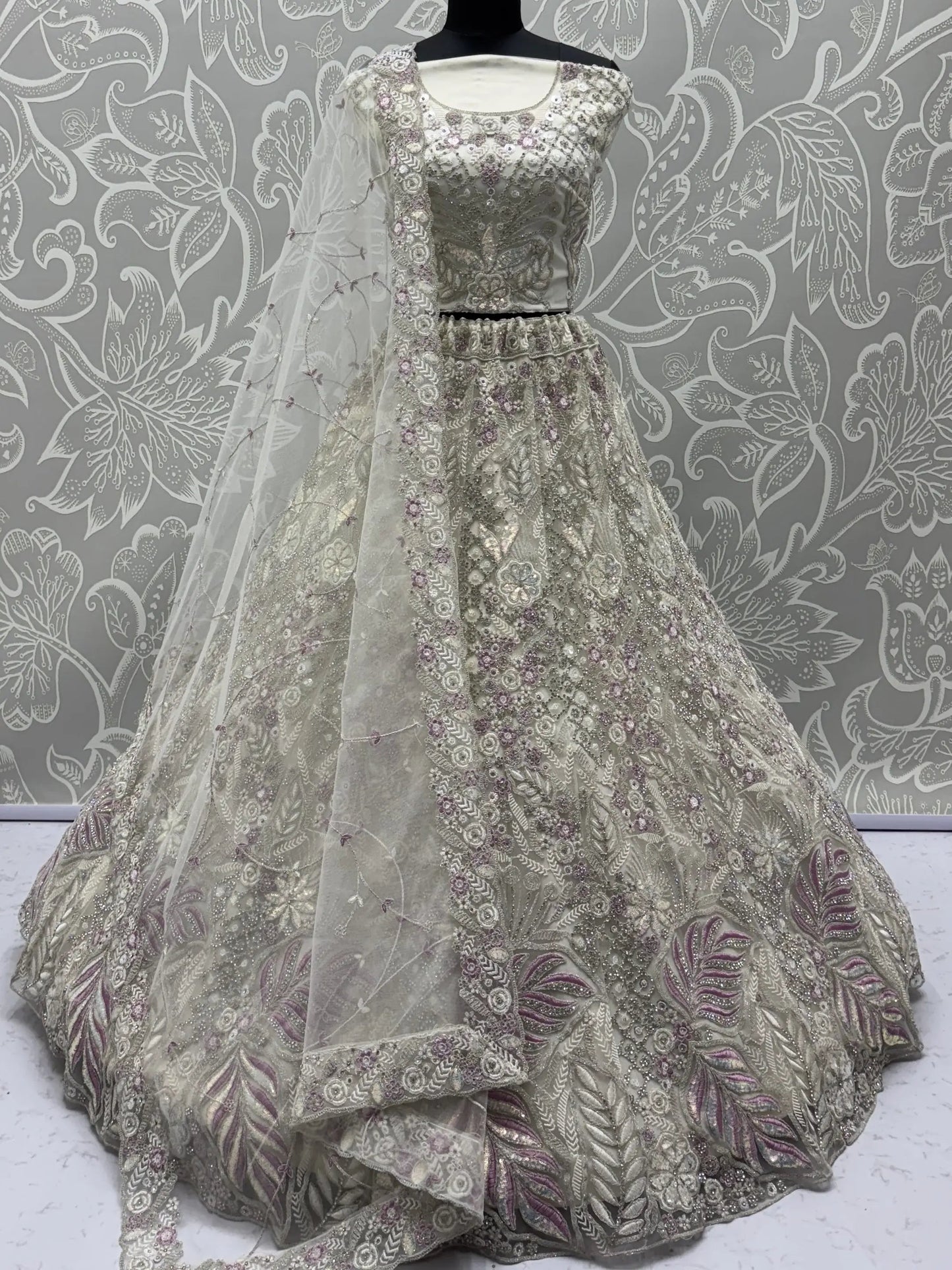 Gorgeous White Zircon Work Net Sangeet Wear Lehenga Choli With Dupatta - Zeel Clothing