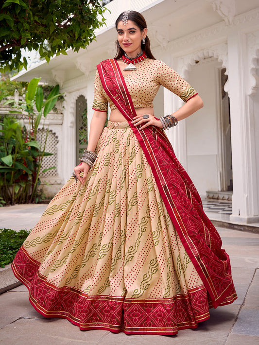 Off White Color Bandhej Print With Gotta Patti Lace Tasar Silk Lehenga Choli
