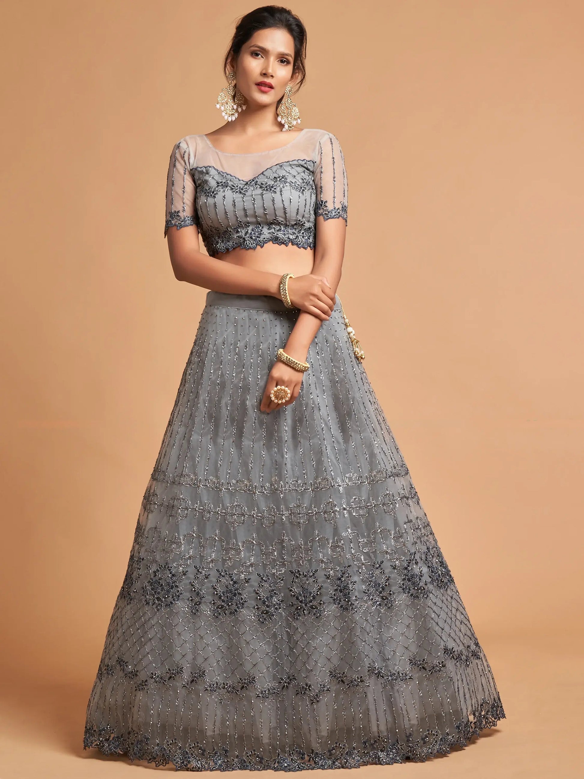 Great Grey Zari Embroidered Net Party Wear Lehenga Choli - Zeel Clothing