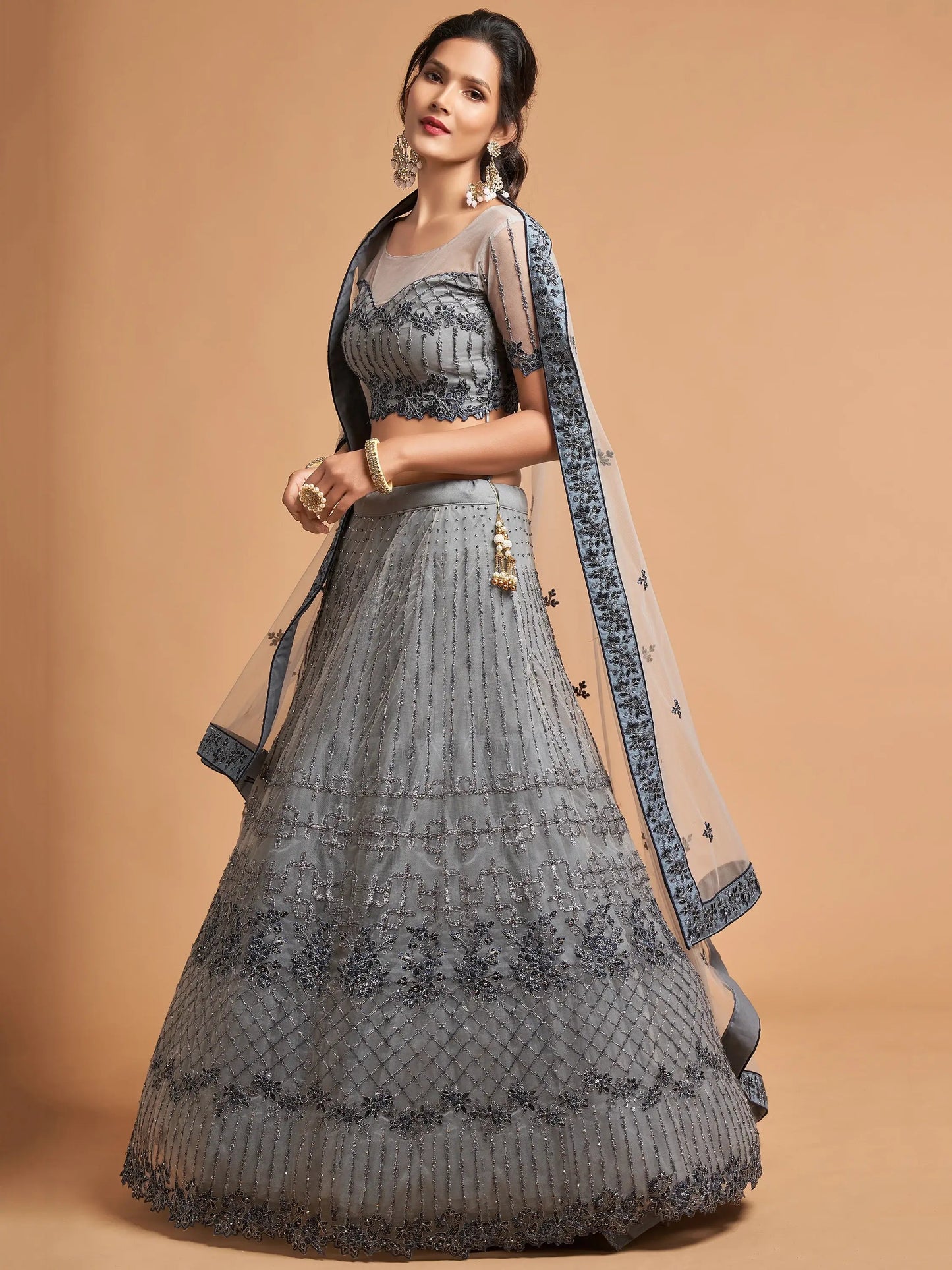 Great Grey Zari Embroidered Net Party Wear Lehenga Choli - Zeel Clothing