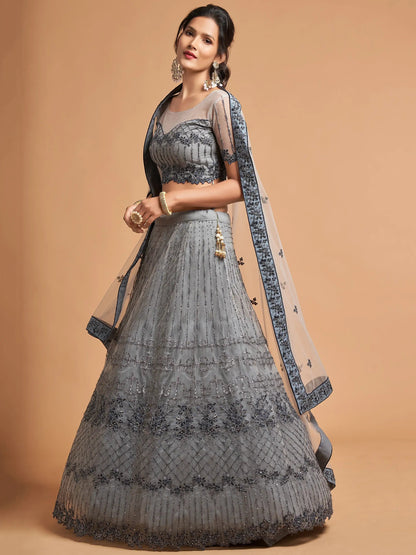 Great Grey Zari Embroidered Net Party Wear Lehenga Choli - Zeel Clothing