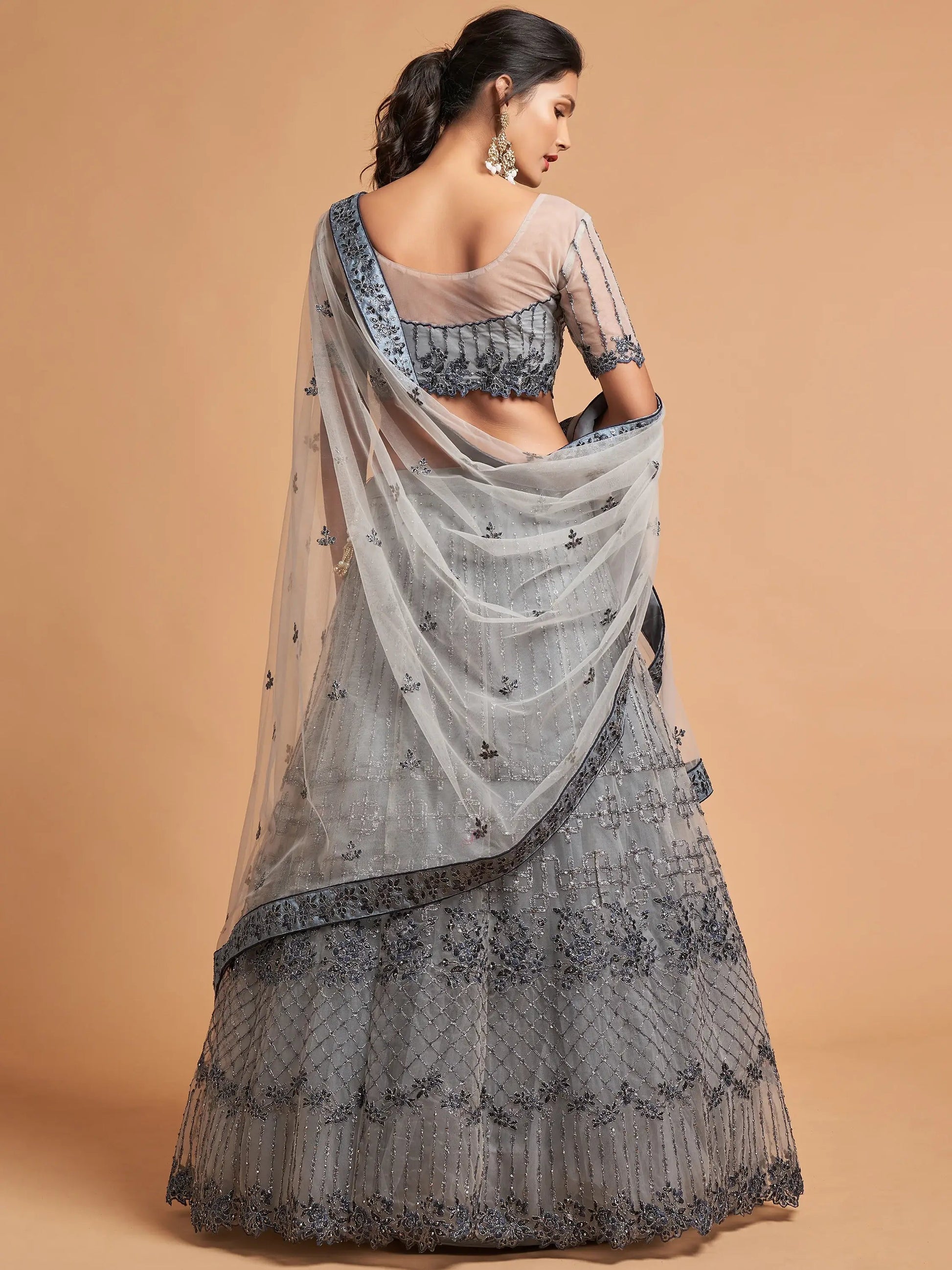 Great Grey Zari Embroidered Net Party Wear Lehenga Choli - Zeel Clothing