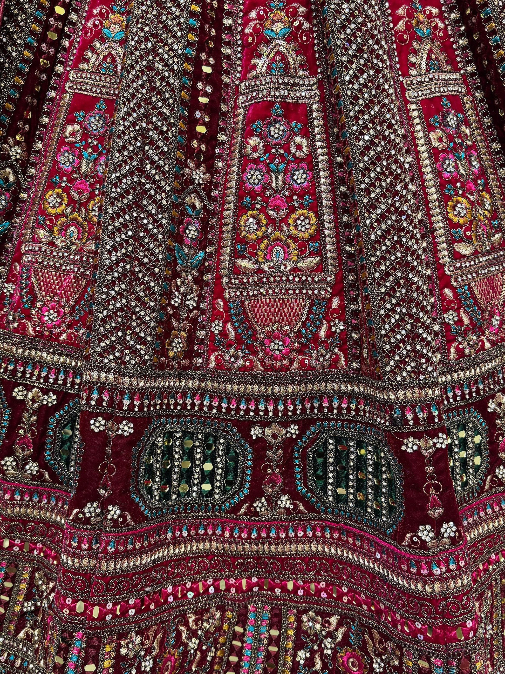 Great Red Thread Work Velvet Bridal Lehenga Choli With Double Dupatta - Zeel Clothing